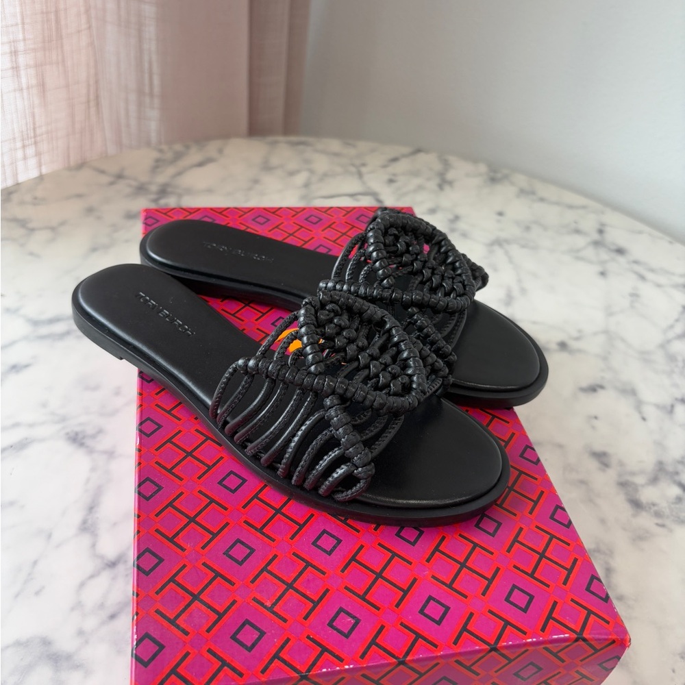 Black Beaded Slide Sandals - Picture 2 of 4